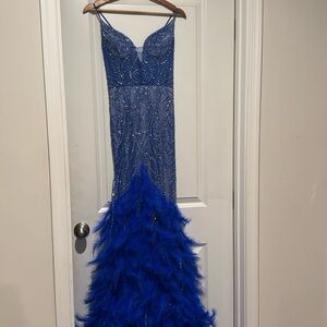 Royal blue sequence, elegant, long feathers at the bottom prom dress